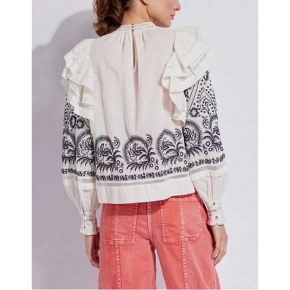 ULLA JOHNSON White Black Annetta Ruffle Embroidered Top Sz 2 - Picture 3 of 16